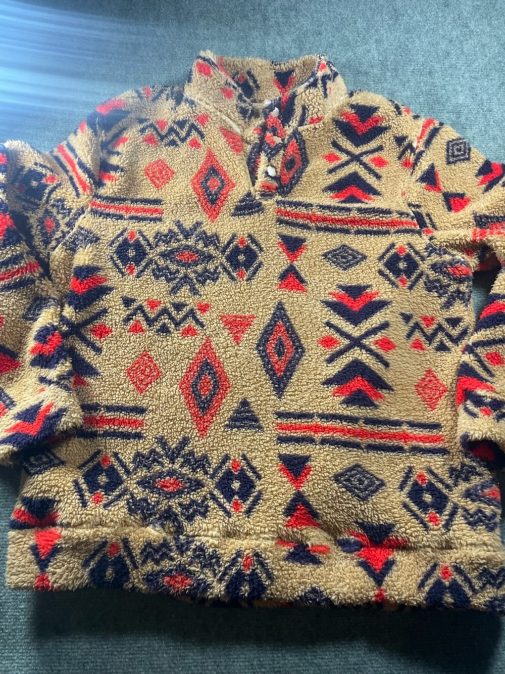 BKLYN Tan Fleece‎ Pullover with Red & Navy Aztec Pattern